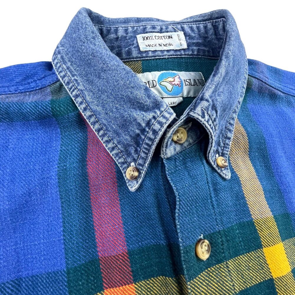 Vintage World Island Denim Shirt Men Large Plaid Button Down Workwear 80s 90s
